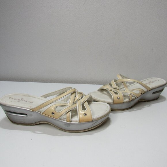 Cole Haan Air Shoes Womens 8 B Silver Cream Peep Toe Wedge Heels Sandals Y2K - Picture 1 of 11